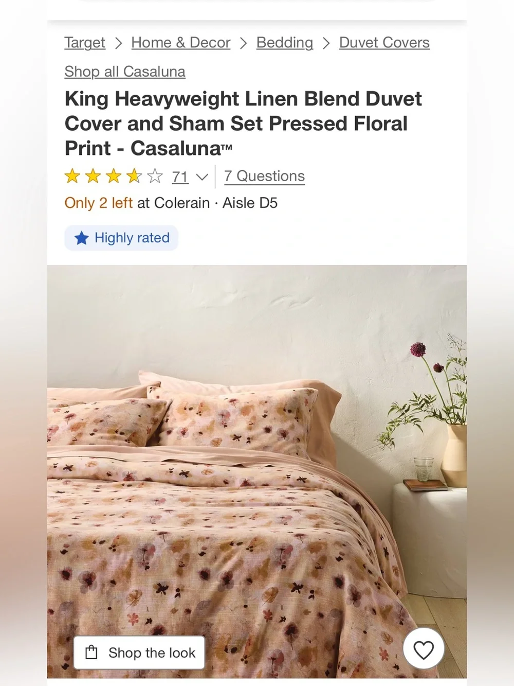NWOT-King Heavyweight Linen Blend Duvet Cover and Sham Set Pressed Floral Print